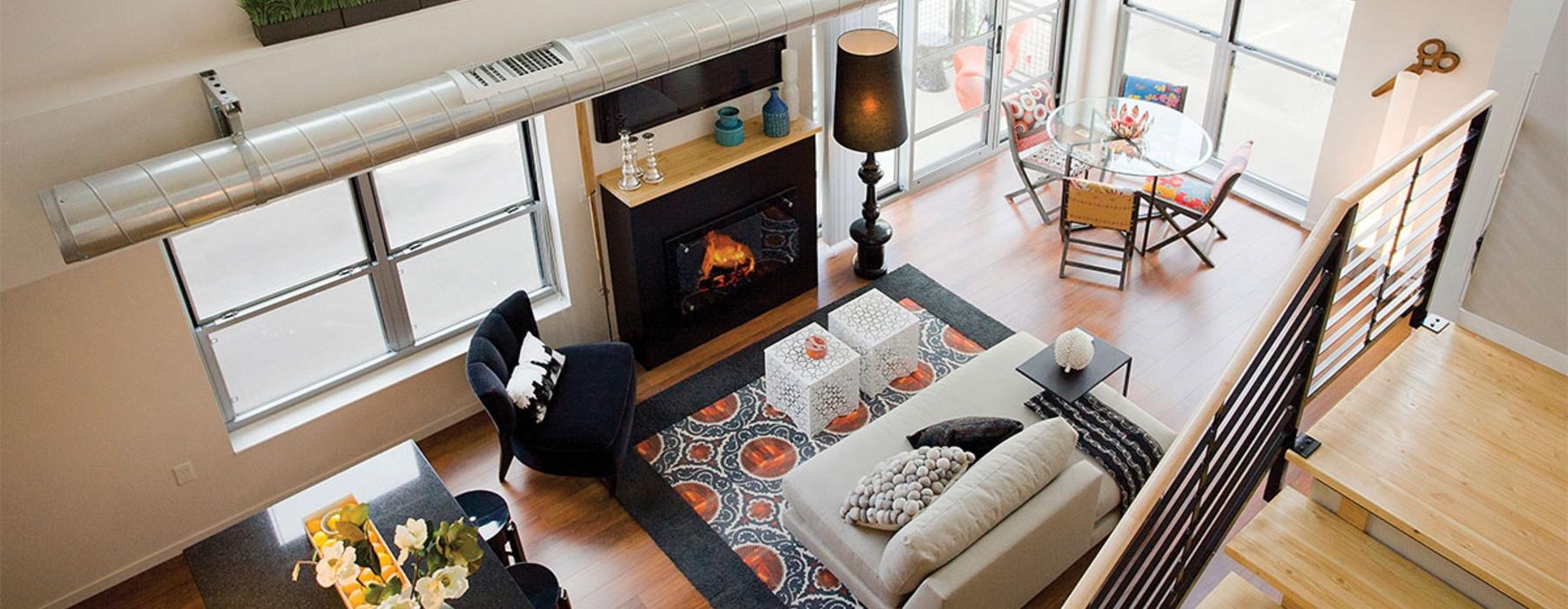 a living room with a fireplace