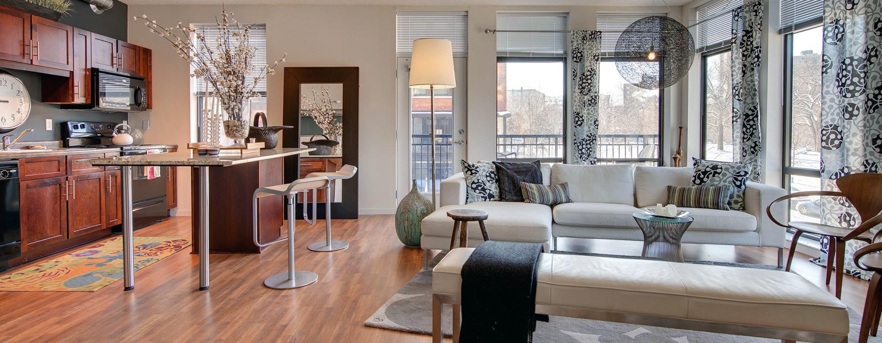 a large living room with a large window